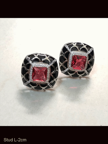 Enamel work square studs with square coloured stone in the center with zircon detailing