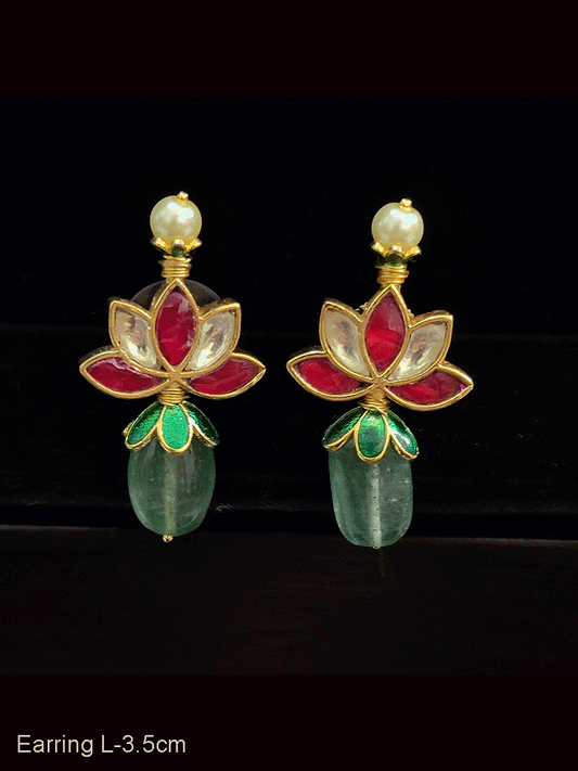 Pearl top lotus paachi kundan earring with jade drop