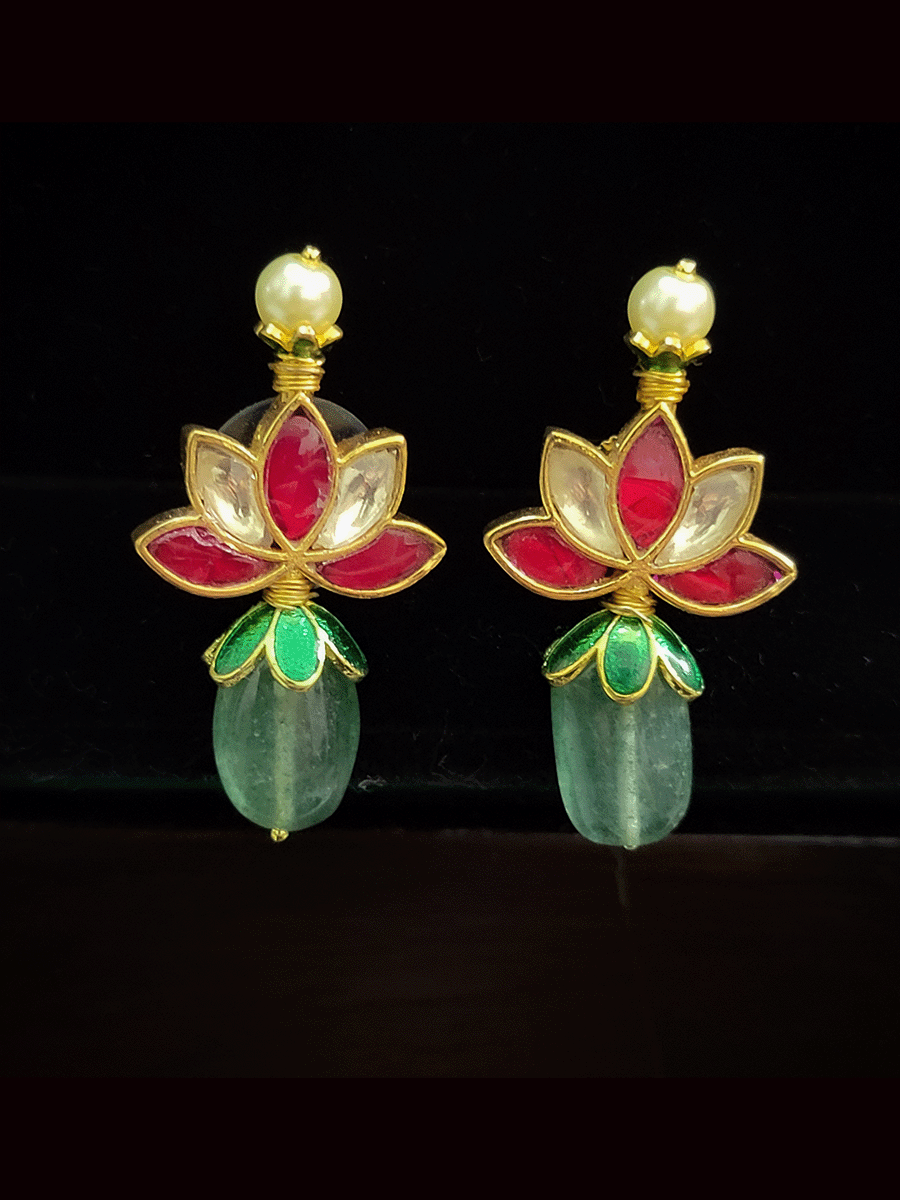Pearl top lotus paachi kundan earring with jade drop