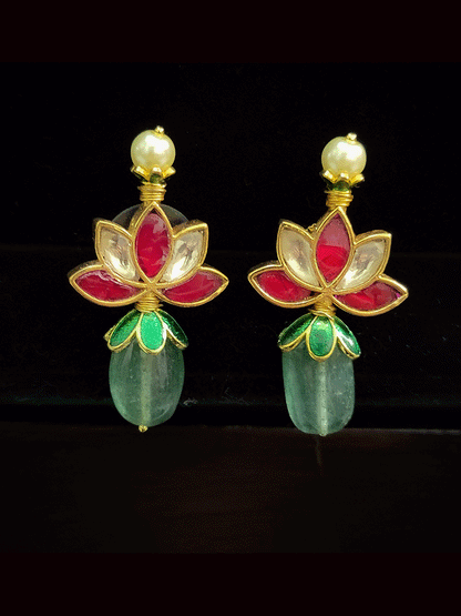 Pearl top lotus paachi kundan earring with jade drop