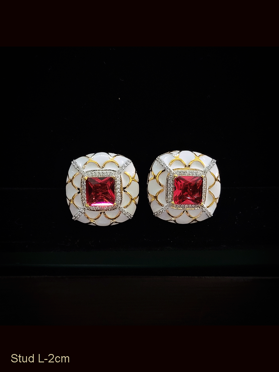 Enamel work square studs with square coloured stone in the center with zircon detailing