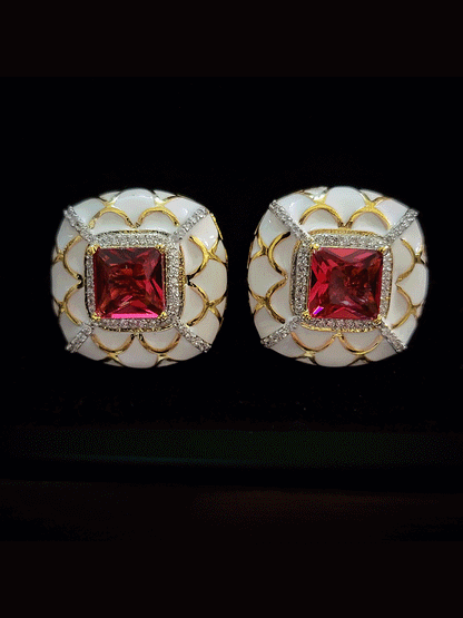 Enamel work square studs with square coloured stone in the center with zircon detailing