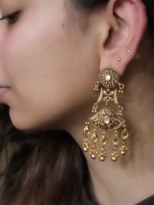 Self design antique finish 7 cm long kundan earrings