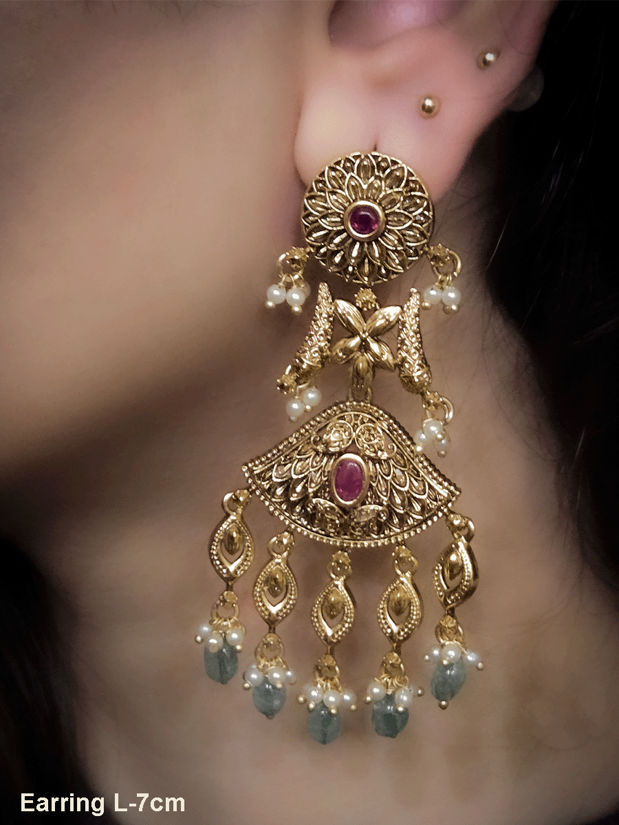 Self design antique finish 7 cm long kundan earrings