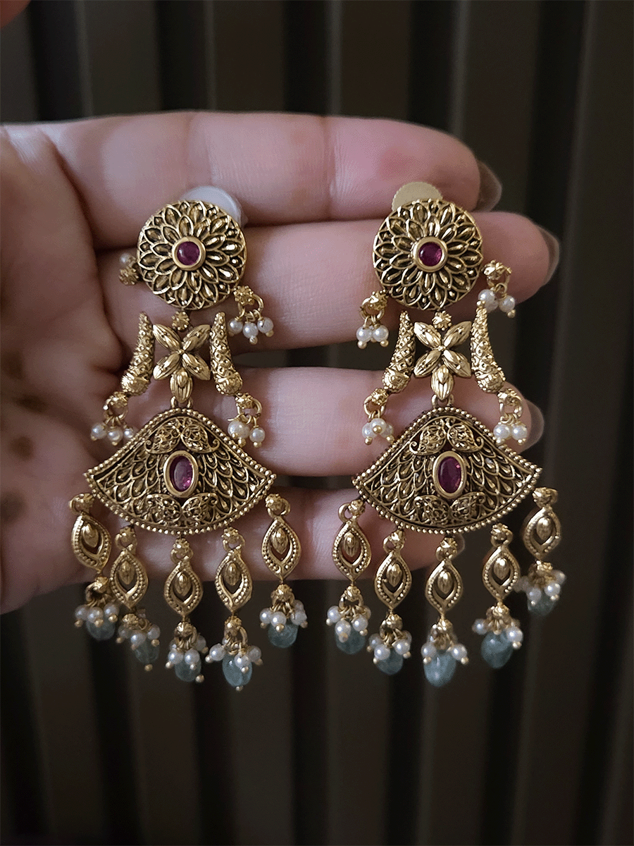 Self design antique finish 7 cm long kundan earrings