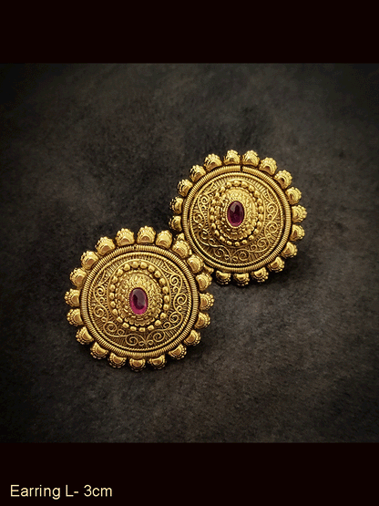 Round self design oval ruby stone studs with flower lace