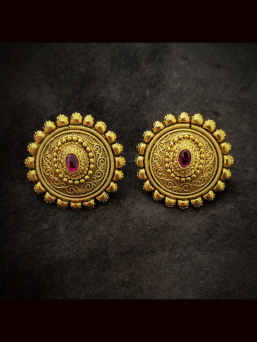 Round self design oval ruby stone studs with flower lace