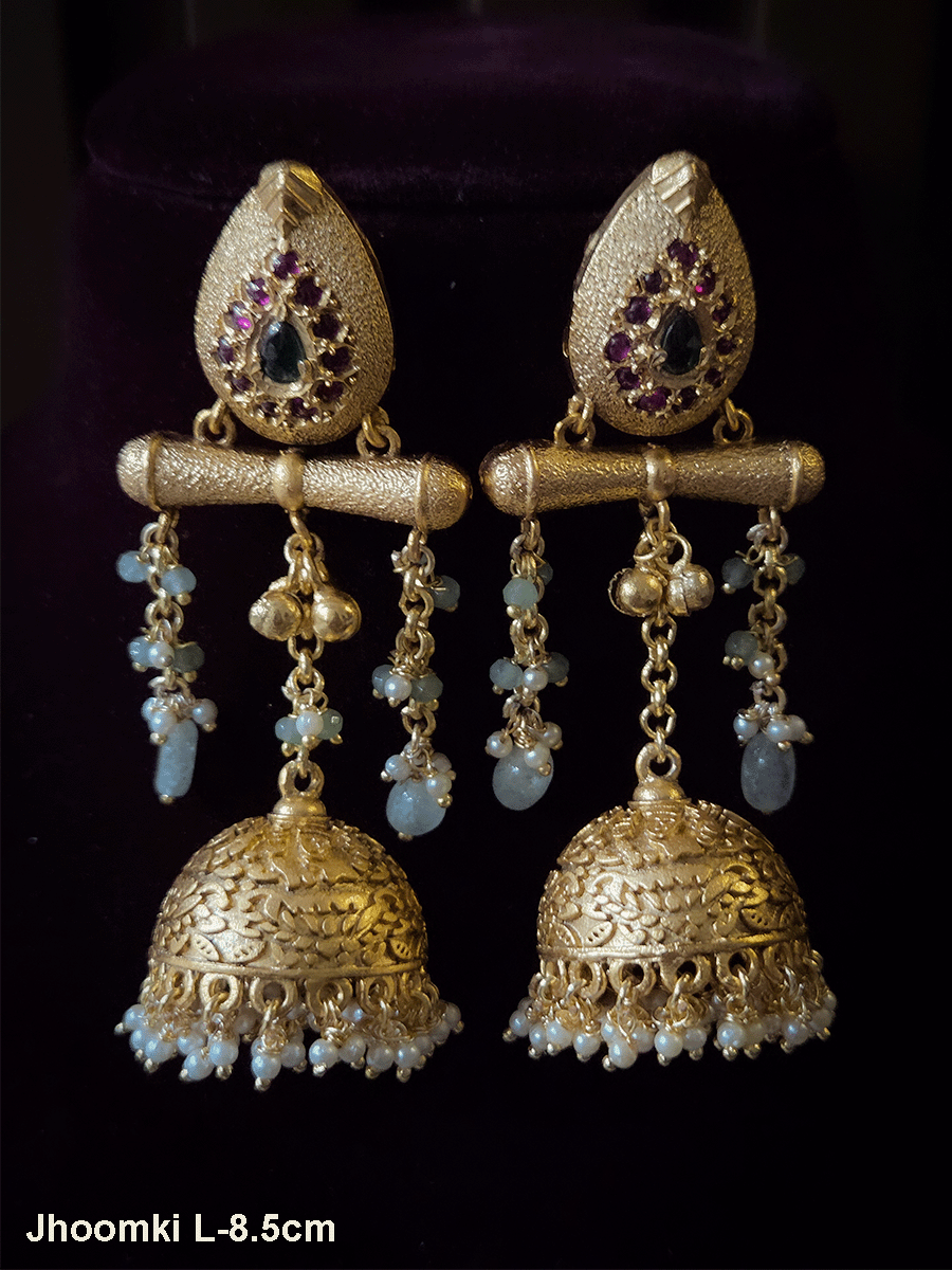 Leaf top ruby green stones studded chain tassels with mint drops jhoomki 8.5cm