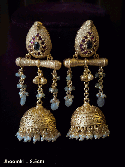 Leaf top ruby green stones studded chain tassels with mint drops jhoomki 8.5cm