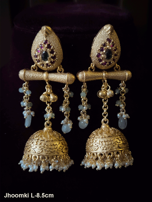 Leaf top ruby green stones studded chain tassels with mint drops jhoomki 8.5cm