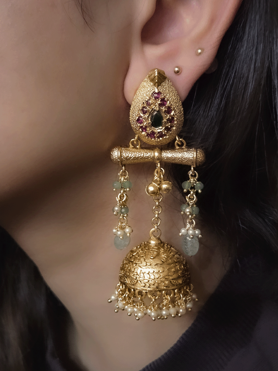 Leaf top ruby green stones studded chain tassels with mint drops jhoomki 8.5cm