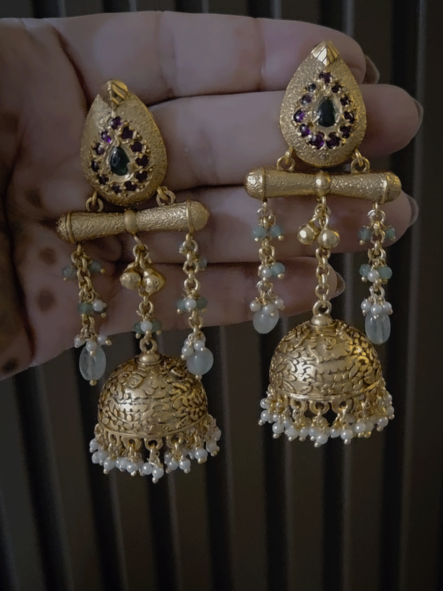 Leaf top ruby green stones studded chain tassels with mint drops jhoomki 8.5cm