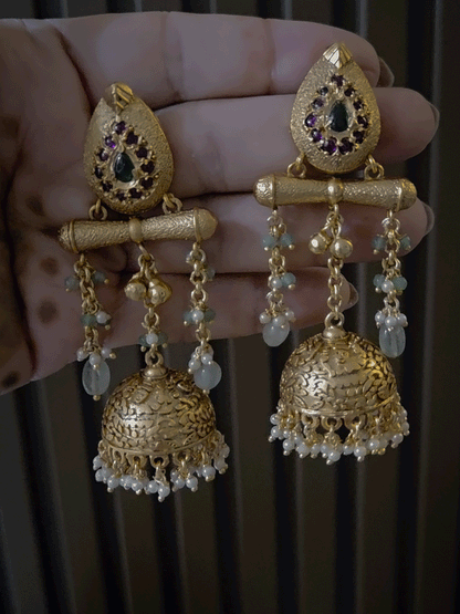 Leaf top ruby green stones studded chain tassels with mint drops jhoomki 8.5cm