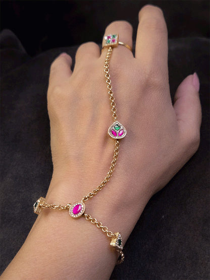 Square stone studded ring with leaf tukdi in chain handcuff(Fits to size 2'4 and 2'6)