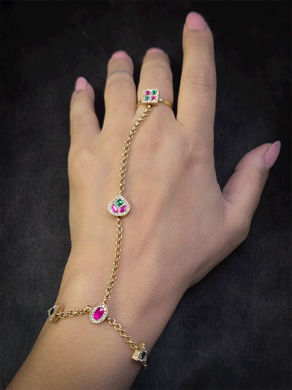 Square stone studded ring with leaf tukdi in chain handcuff(Fits to size 2'4 and 2'6)