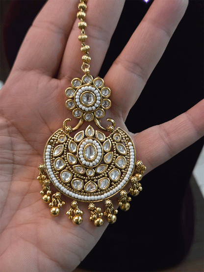 Kundan flower top with chandbali design kundan maangtika with chain