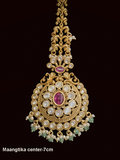 Oval stone center antique gold finish kundan maangtika
