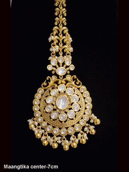 Oval stone center antique gold finish kundan maangtika