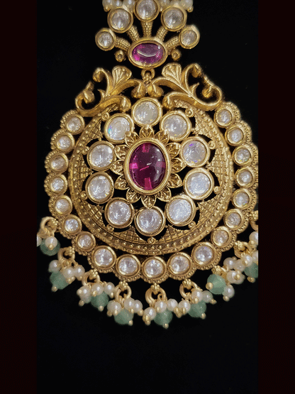Oval stone center antique gold finish kundan maangtika