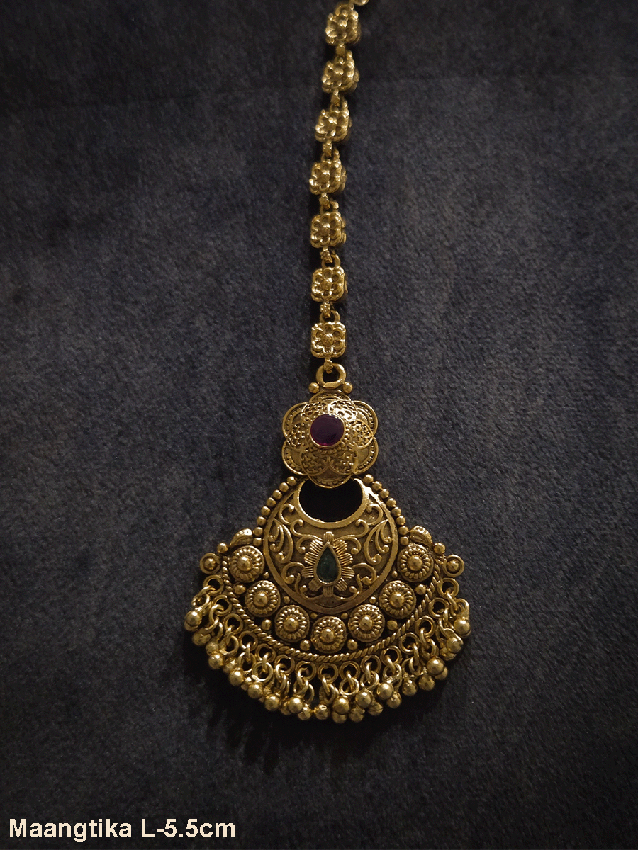 Circular self with gold bead design flower top maangtika with coloured stones