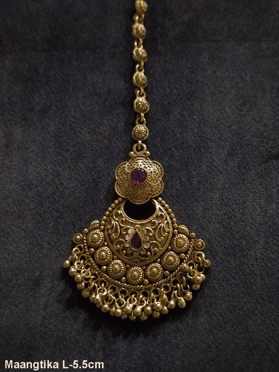 Circular self with gold bead design flower top maangtika with coloured stones