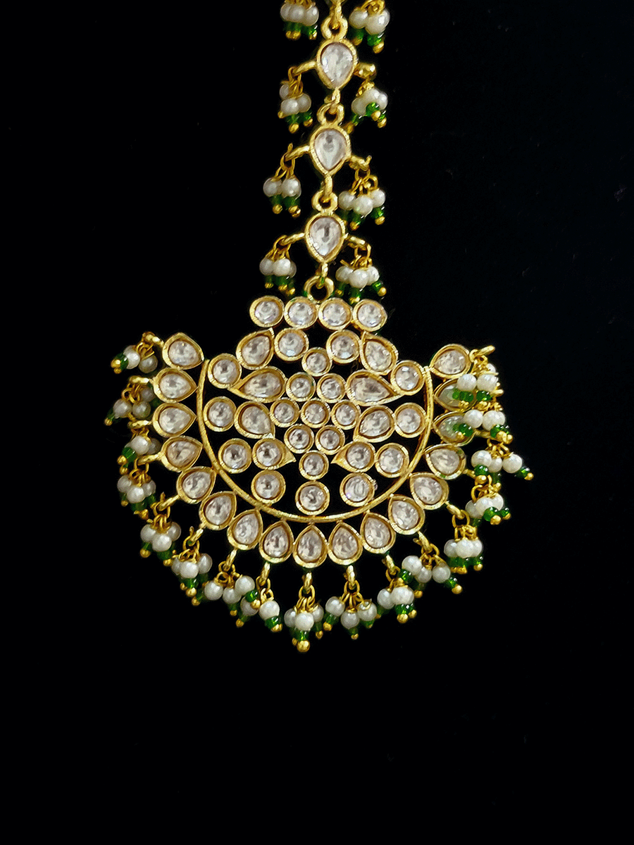 Kundan jadau semi circular maangtika with pearl detailing