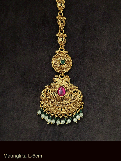 Peacock top tear drop ruby stone maangtika