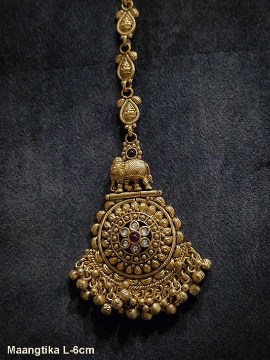 Kundan flower center with elephant top maangtika with ghunghru hangings