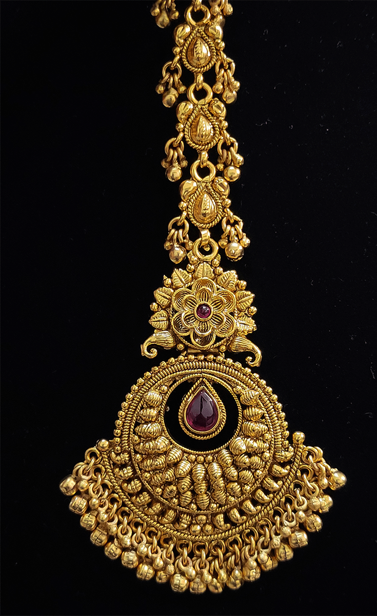 Leaf chain with chanbali design ruby stone maangtika