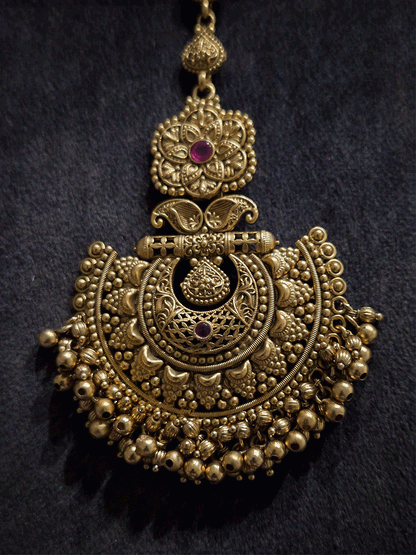 Flower top with paisley design half moon design maangtika with gold bead hangings
