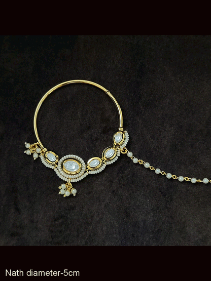 5cm diameter oval kundan with AD detailing pirohi work nath
