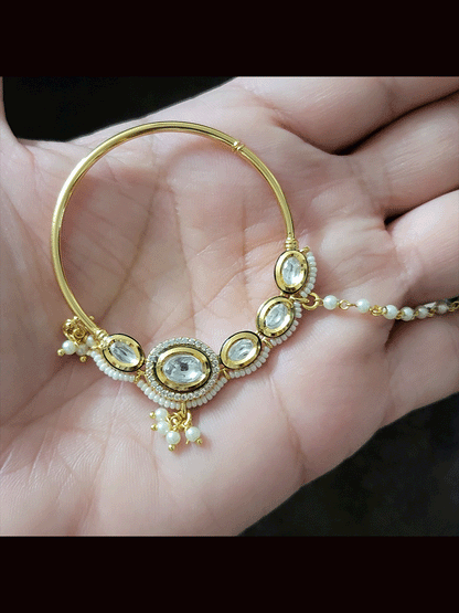 5cm diameter oval kundan with AD detailing pirohi work nath
