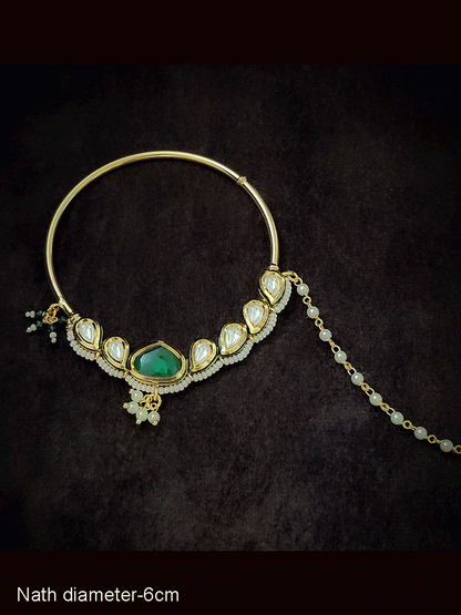 6cm diameter leaf shaped kundan and triangular coloured stone nath
