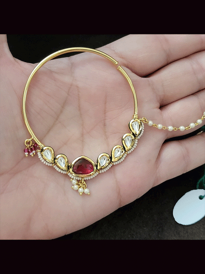 6cm diameter leaf shaped kundan and triangular coloured stone nath