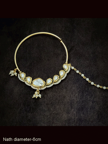 6cm diameter leaf shaped kundan and triangular coloured stone nath