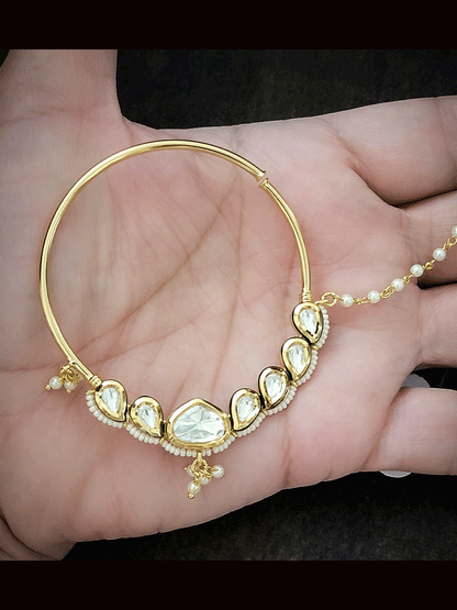 6cm diameter leaf shaped kundan and triangular coloured stone nath