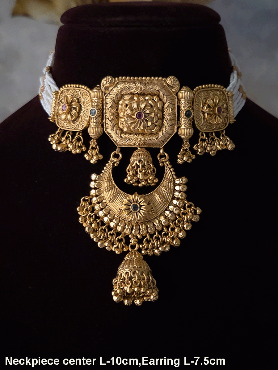 Rectangular center design with chandbali design attached tukdi set with hanging jhoomki
