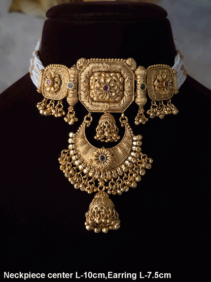 Rectangular center design with chandbali design attached tukdi set with hanging jhoomki