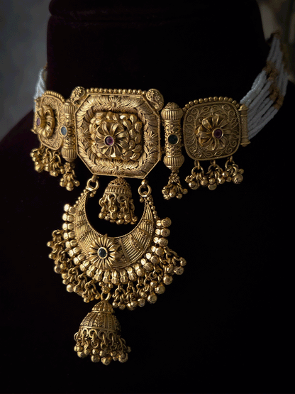 Rectangular center design with chandbali design attached tukdi set with hanging jhoomki