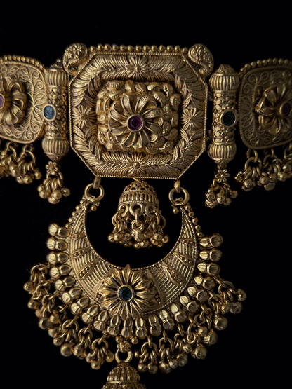 Rectangular center design with chandbali design attached tukdi set with hanging jhoomki