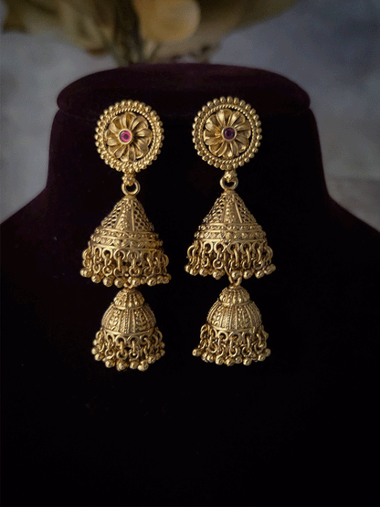 Rectangular center design with chandbali design attached tukdi set with hanging jhoomki