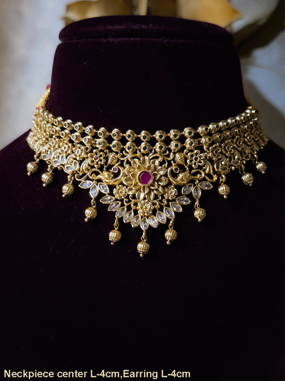 Ruby stone flower center with peacock sides intricate design polki set