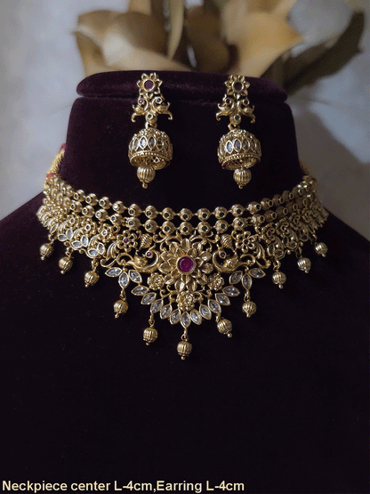 Ruby stone flower center with peacock sides intricate design polki set