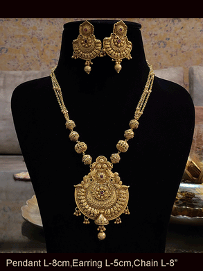 Gold finish pendant with ruby stone set in matar bead and chain string