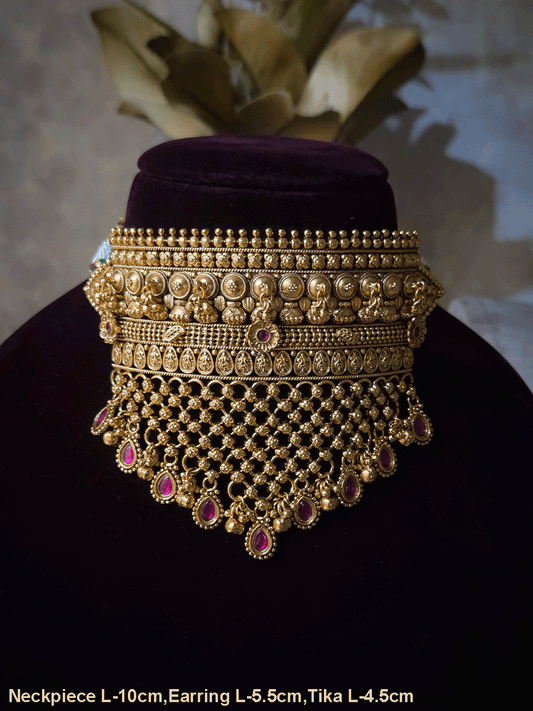 Rajputi choker with mesh design and hanging ruby tear drop tukdies