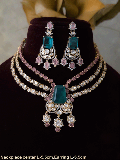 Three layer moissanite set with green stone center and one coloured stone layer