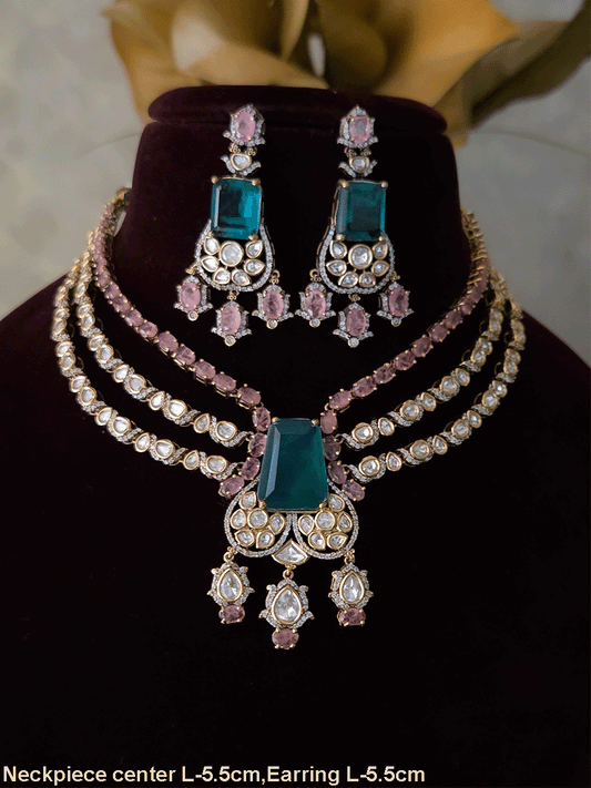 Three layer moissanite set with green stone center and one coloured stone layer