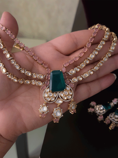 Three layer moissanite set with green stone center and one coloured stone layer