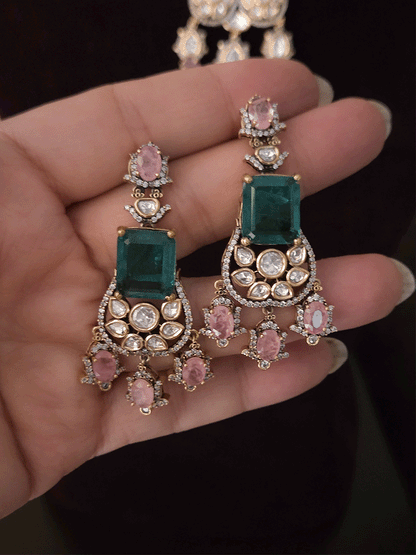 Three layer moissanite set with green stone center and one coloured stone layer