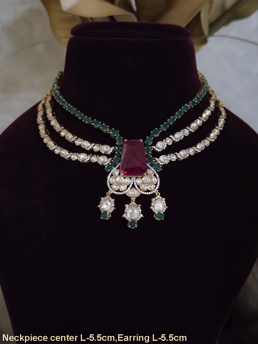 Three layer moissanite set with green stone center and one coloured stone layer